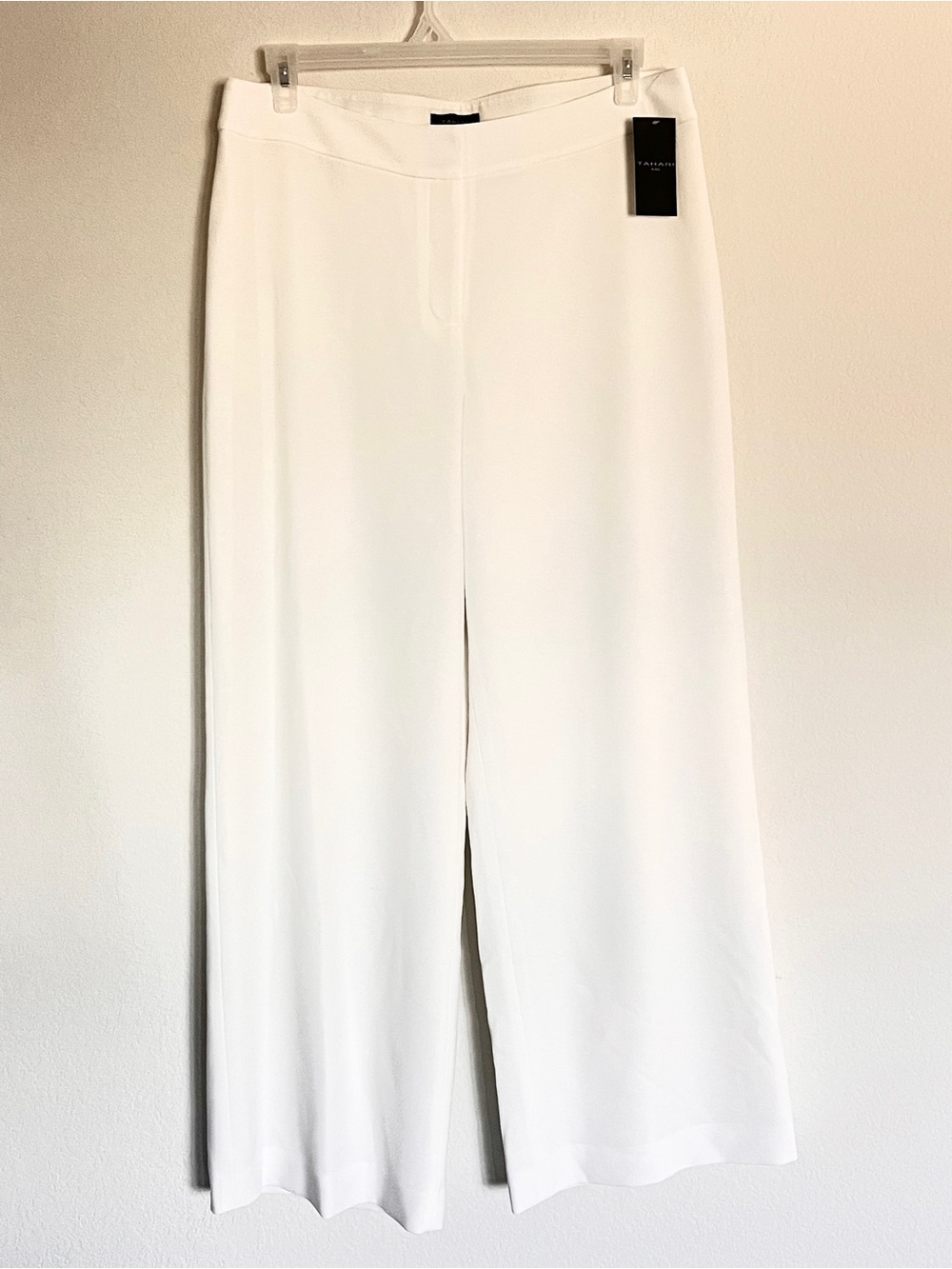 Tahari White Trousers Wide-Leg High-Rise Waist Structured Crepe Fabric Size 14